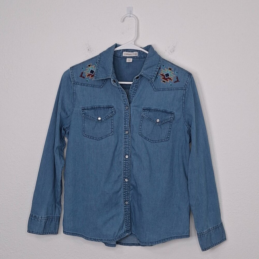 Coldwater Creek Denim Shirt Western Sz 12P Pearl Snap Button Cowgirl Boho Rodeo